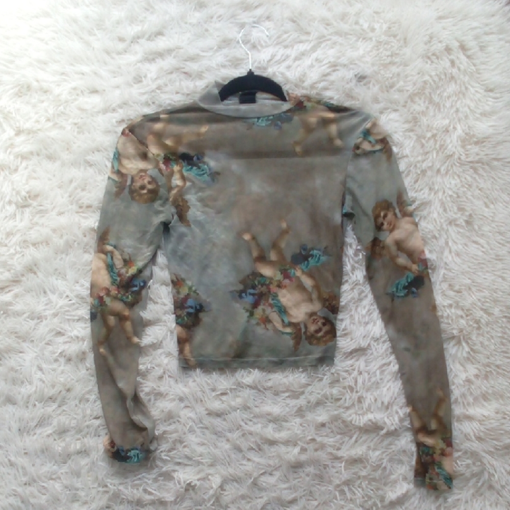 Cherub Print Mesh Long Sleeve Top